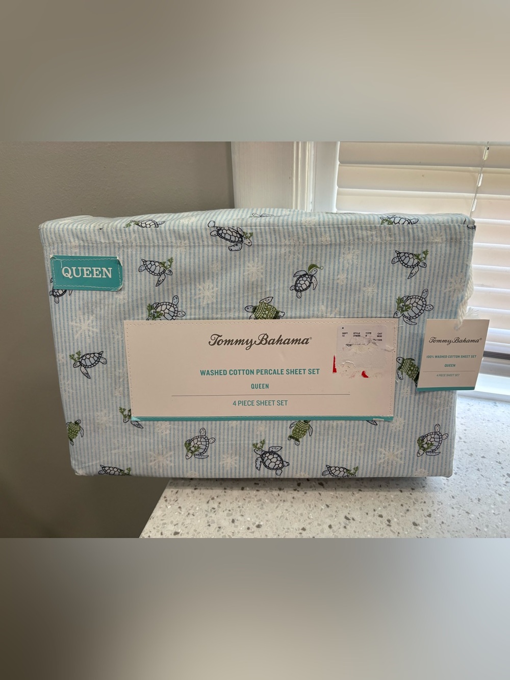 NEW Tommy Bahama Queen Sheet Set - Light Blue with “Turtle Frolic” Print